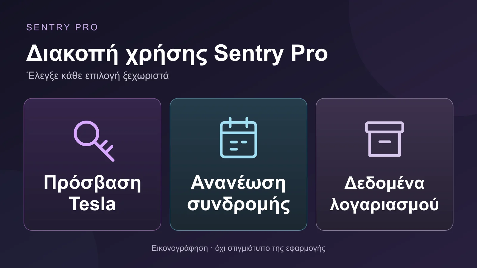 Εικονογράφηση τριών ξεχωριστών επιλογών: πρόσβαση Tesla, ανανέωση συνδρομής και δεδομένα λογαριασμού.