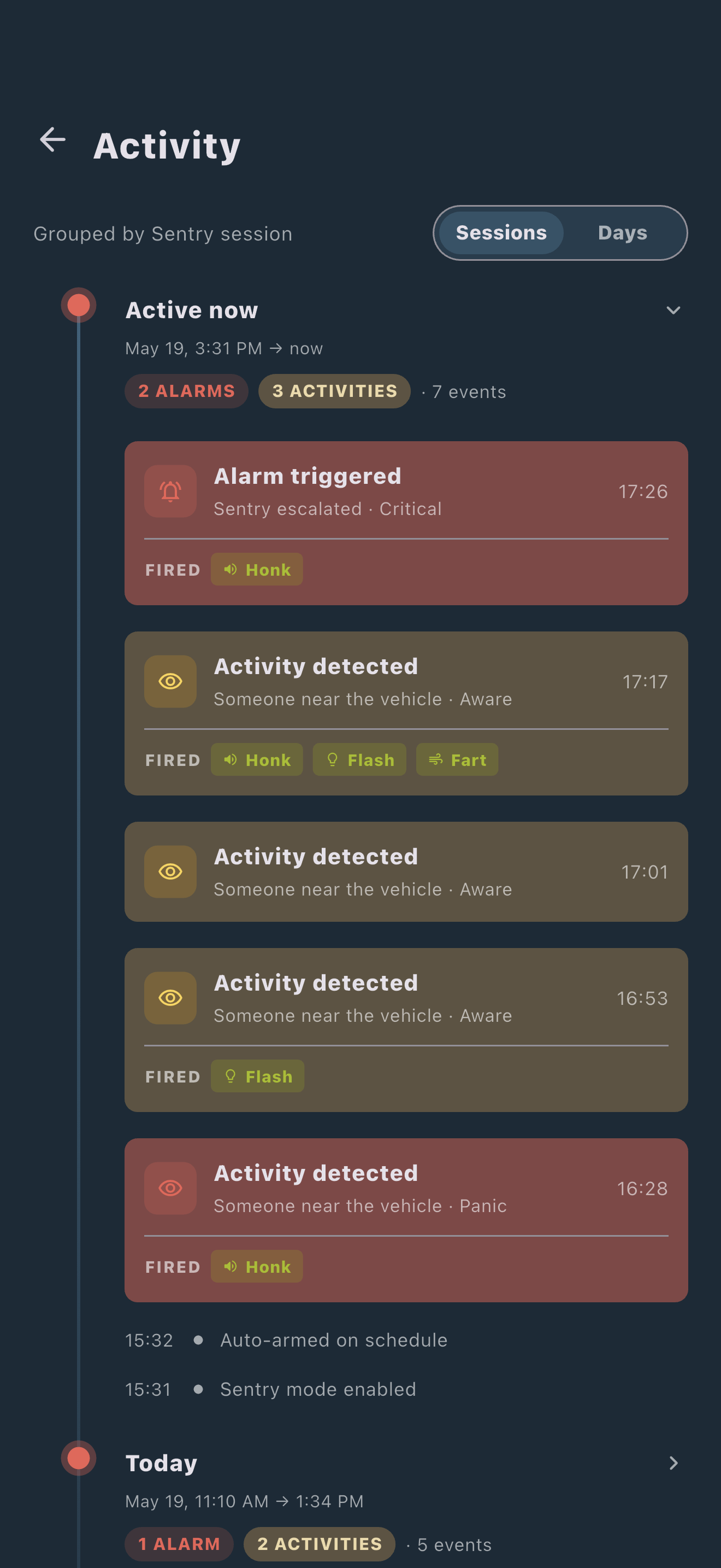 Sentry Pro activity feed